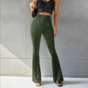 Green Velvet Ribbed Flare Pants